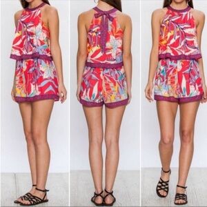 Flying Tomato Red and Pink Floral Jumpsuit With Halter Top Neck Tie Sz M